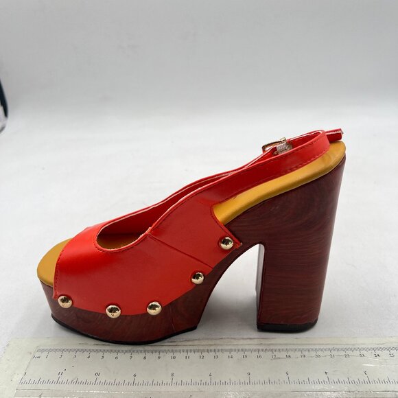 YDN Red Rivet Studded Platform Block High Heeled Sandals Slingback Buckle Shoes - Picture 2 of 8